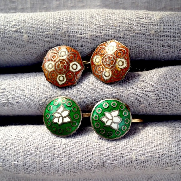 Vintage Jewelry - Vintage Set of 2 Pair Enamel Earrings